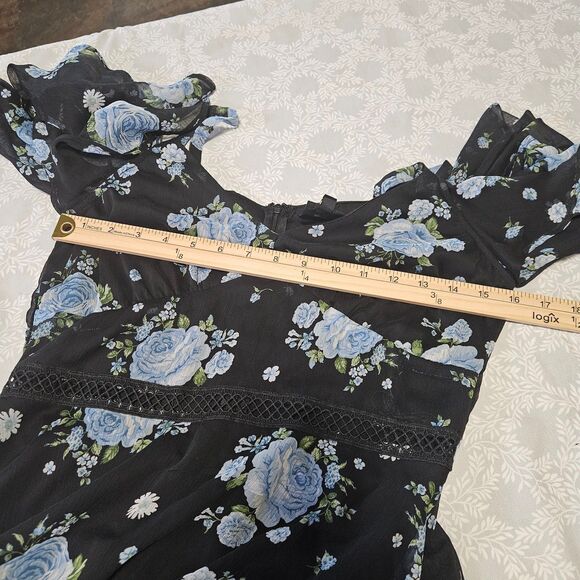Disney Princess Dress Cold Shoulder Black Blue Floral Size L - Picture 7 of 12
